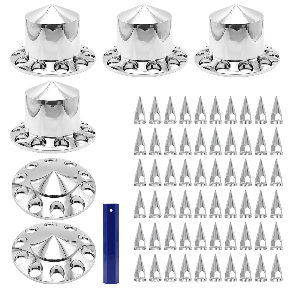 Spiked Semi Truck Removable Hub Covers Kit 2 Front and 4 Rear Include Hub Caps
