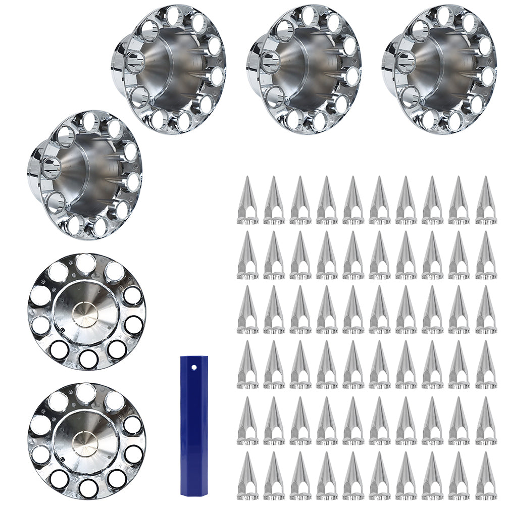 Spiked Semi Truck Removable Hub Covers Kit 2 Front and 4 Rear Include Hub Caps