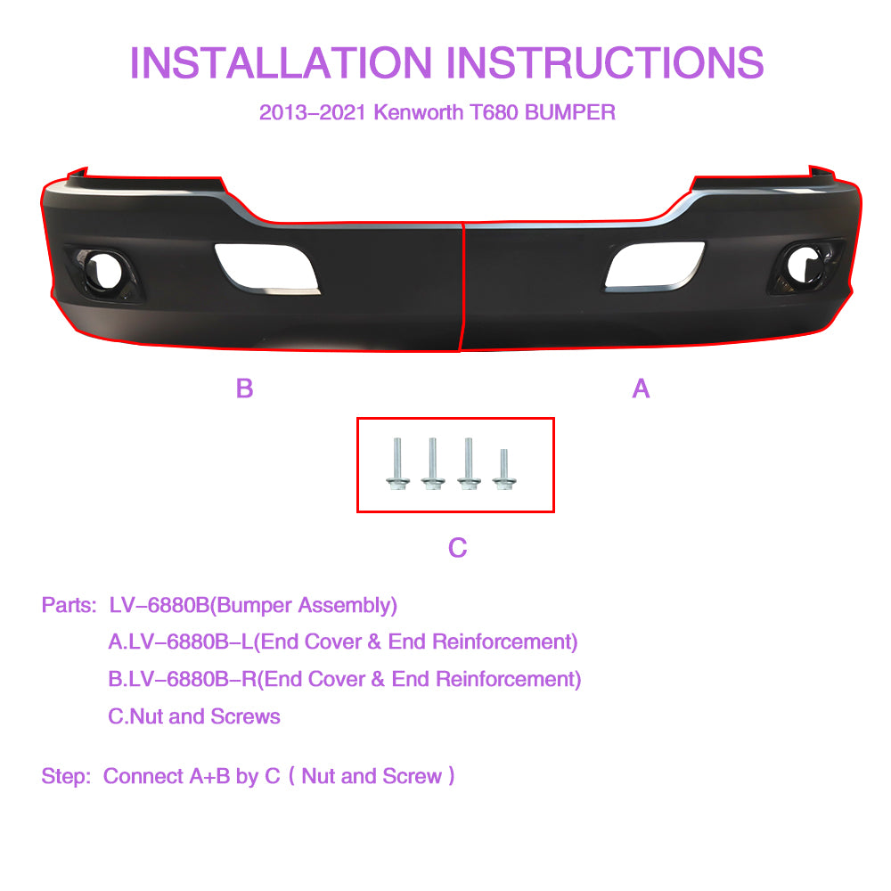 Bumper Assembly With Fog Light Holes Compatible With Kenworth T680 2017+