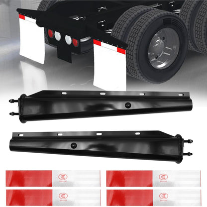 Black Straight Spring Loaded Mud Flap Hanger for Semi Trucks 2.5" Bolt Spacing and 30" Length with Reflective Strip Sticker